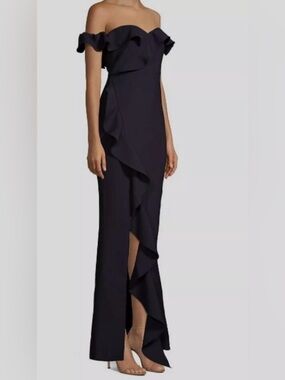NWT $398 Women’s LIKELY MILLER navy gown off the shoulder ruffle size 8